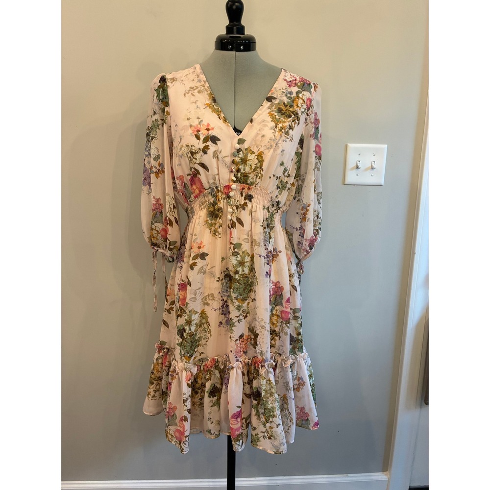 Taylor Women Pink Floral V-Neck Smocked Waist Ruffle Chiffon Dress Size 4
